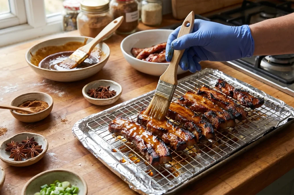 A chef using a brush to apply a honey-soy glaze to rows of grilled char siew pork belly on a wire rack.