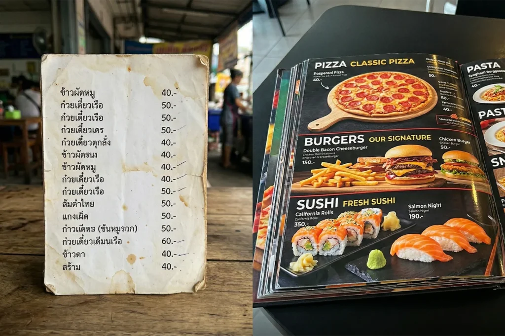 A side-by-side comparison of a handwritten Thai street food price list and a colorful modern printed menu featuring pizza and sushi.