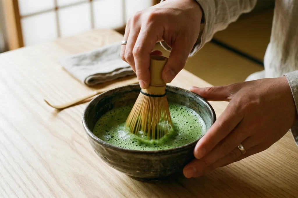 Close-up of hands using a bamboo whisk (chasen) to froth vibrant green matcha powder in a ceramic bowl during a tea ceremony.