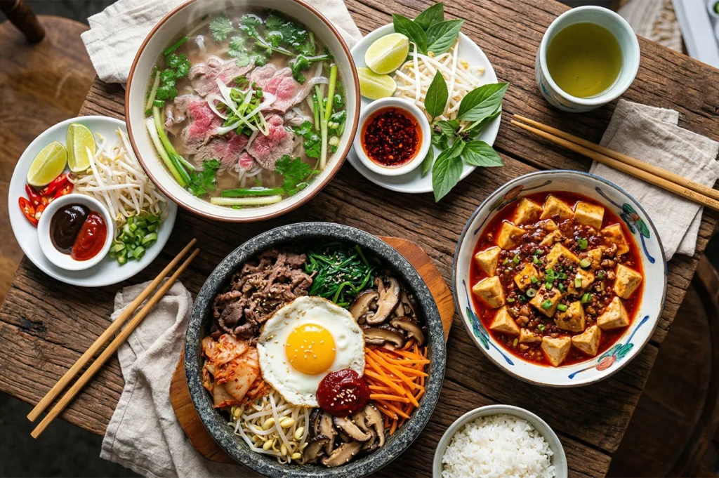 A wooden table spread with Vietnamese Beef Pho, Korean Bibimbap with a fried egg, Chinese Mapo Tofu, and side garnishes.