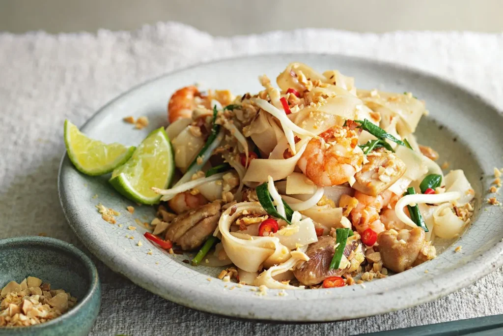A plate of chicken and shrimp Pad Thai is presented with wide rice noodles, bean sprouts, and fresh lime wedges. The dish is garnished with crushed peanuts, green onions, and sliced red chilies for a vibrant finish.