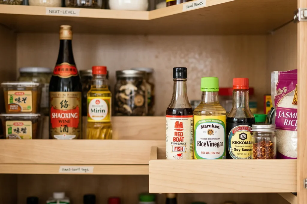 An organized kitchen pantry shelf containing Shaoxing wine, Mirin, Fish Sauce, Rice Vinegar, Soy Sauce, and Jasmine rice.