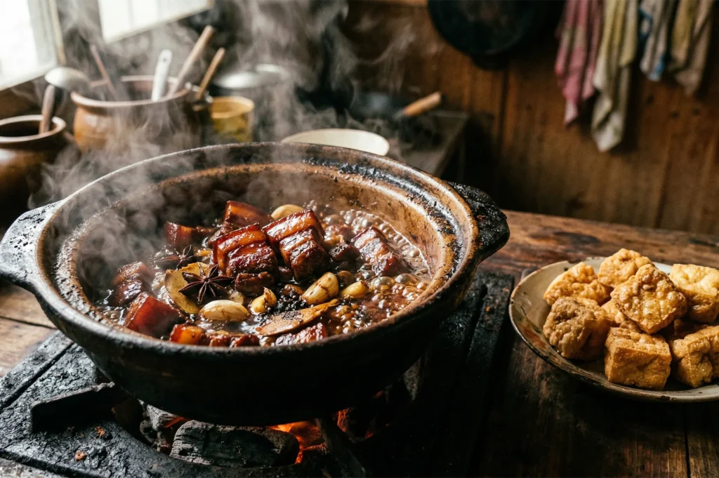 Steaming hot Hong Shao Rou (braised pork belly) with star anise and garlic simmering in a traditional clay pot over a charcoal stove.
