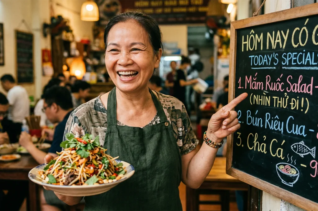 A happy female restaurant owner holding a fresh salad and pointing to a chalkboard menu of daily Vietnamese specials.