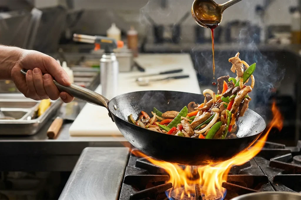 Close-up of a chef tossing meat and vegetables in a wok over a high-flame gas burner with sauce being poured from a ladle.