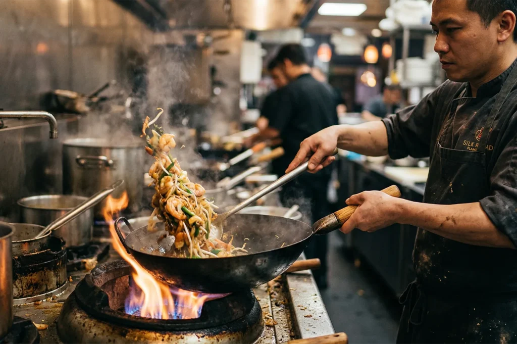 A professional chef skillfully tossing a shrimp and vegetable stir-fry in a large wok over a high gas flame in a commercial kitchen.
