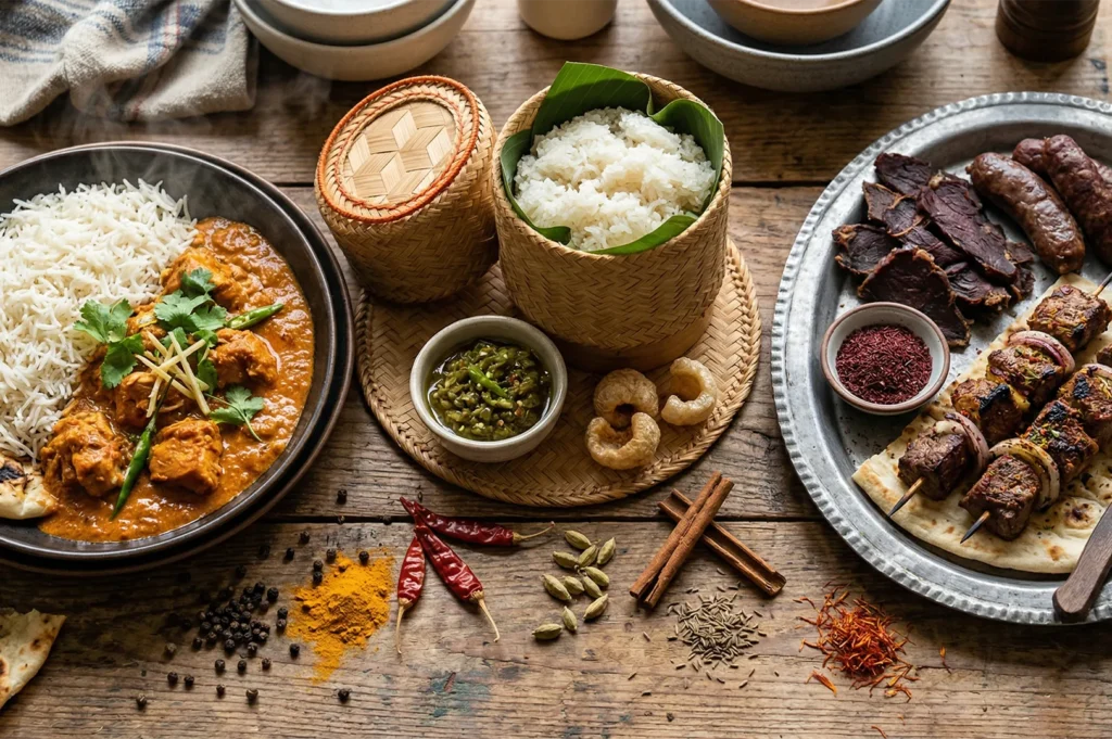 A rich spread of Indian cuisine including butter chicken with basmati rice, sticky rice in bamboo baskets, seekh kebabs, and whole spices.