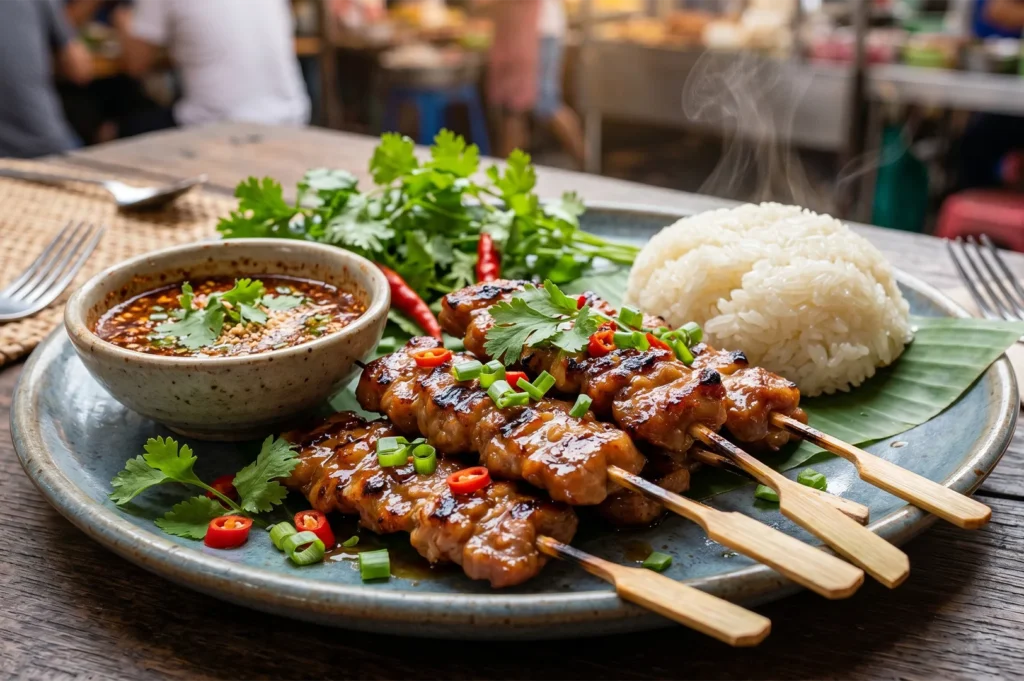 A traditional Thai meal set featuring glazed grilled pork skewers, a mound of sticky rice, fresh cilantro, and spicy jaew dipping sauce.