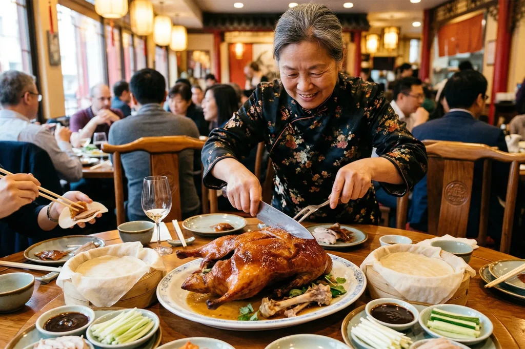 A smiling woman in a traditional floral cheongsam expertly carving a crispy Peking duck at a busy restaurant table.