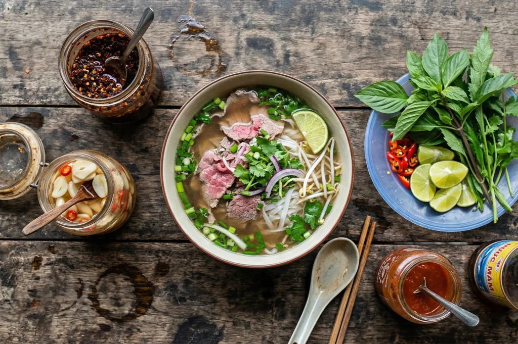 Overhead view of a bowl of beef Pho surrounded by fresh basil, lime, chili oil, and fermented garlic on a rustic wooden table.