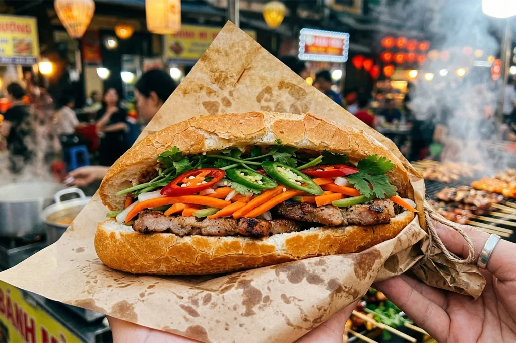 A hand holding a loaded Vietnamese Banh Mi sandwich filled with grilled pork, pickled carrots, cilantro, and chili at a night market.