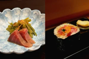 Premium omakase course in Singapore featuring tuna sashimi, seasonal vegetables and specialty sushi roll