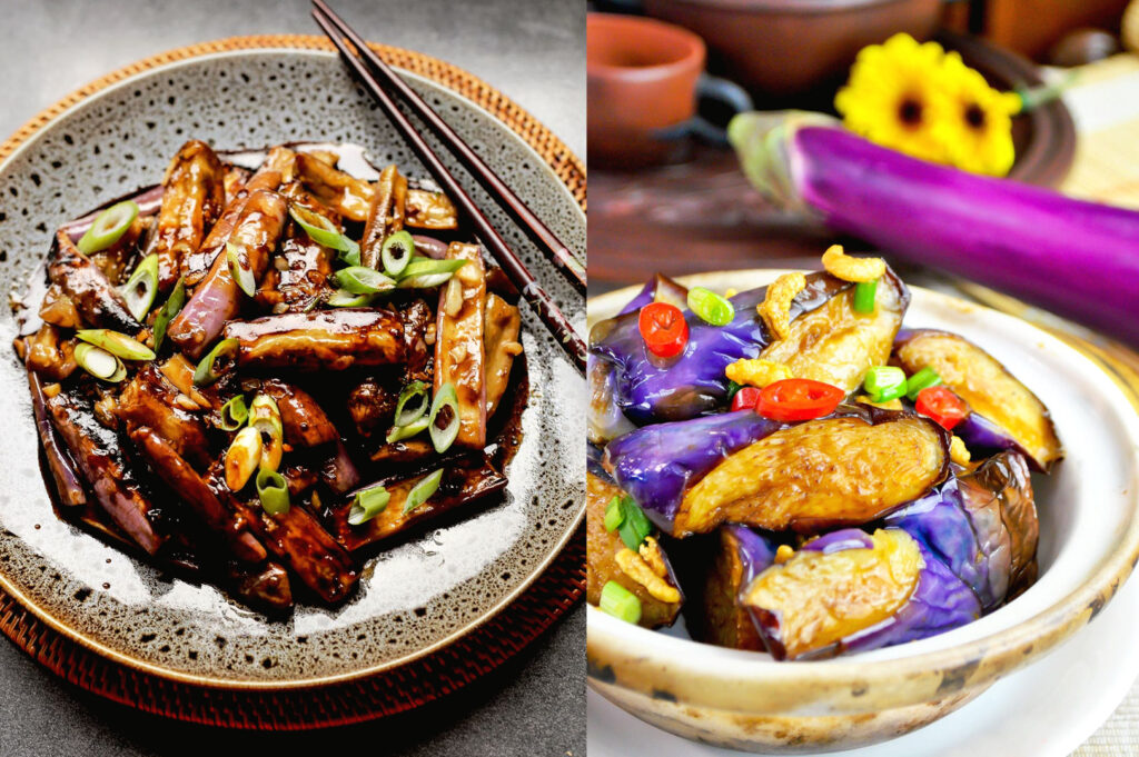 Chinese garlic eggplant stir fry with glossy soy sauce, scallions, and chilli served in traditional bowls alongside tender Asian eggplant dishes
