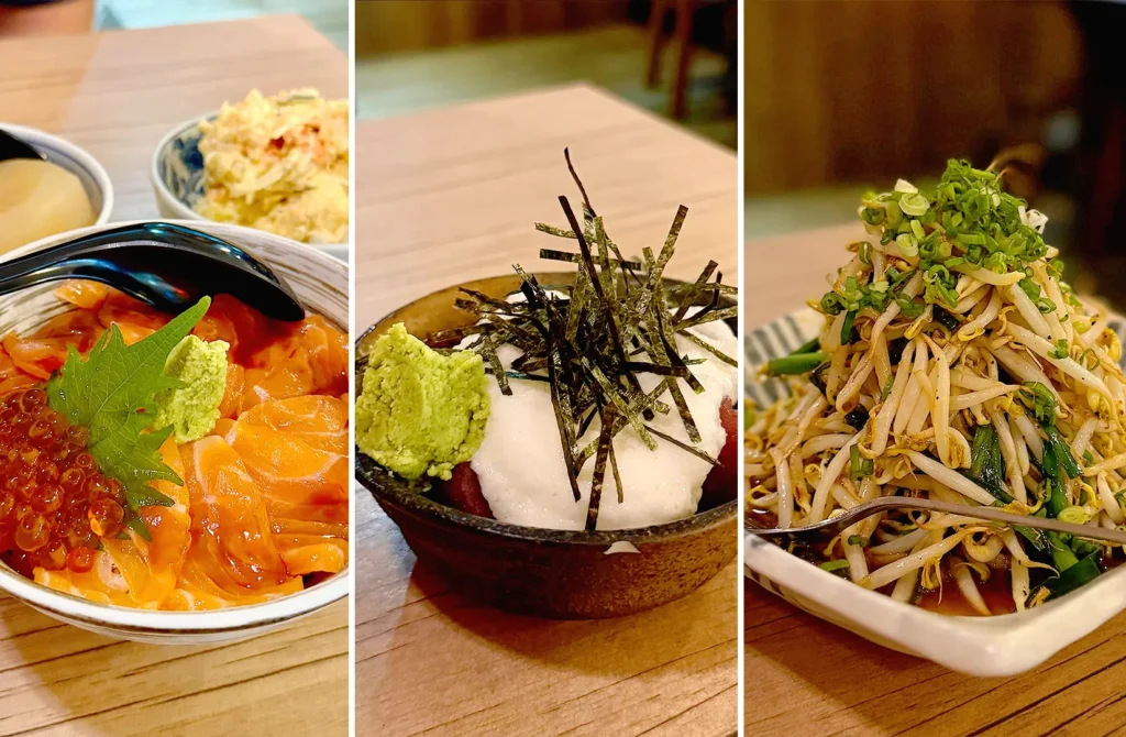 Japanese salmon don, tororo rice bowl and bean sprout side dish at Nobu-Ya