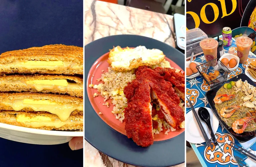 Grilled cheese sandwich, fried rice and seafood noodles at Bao Er Cafe