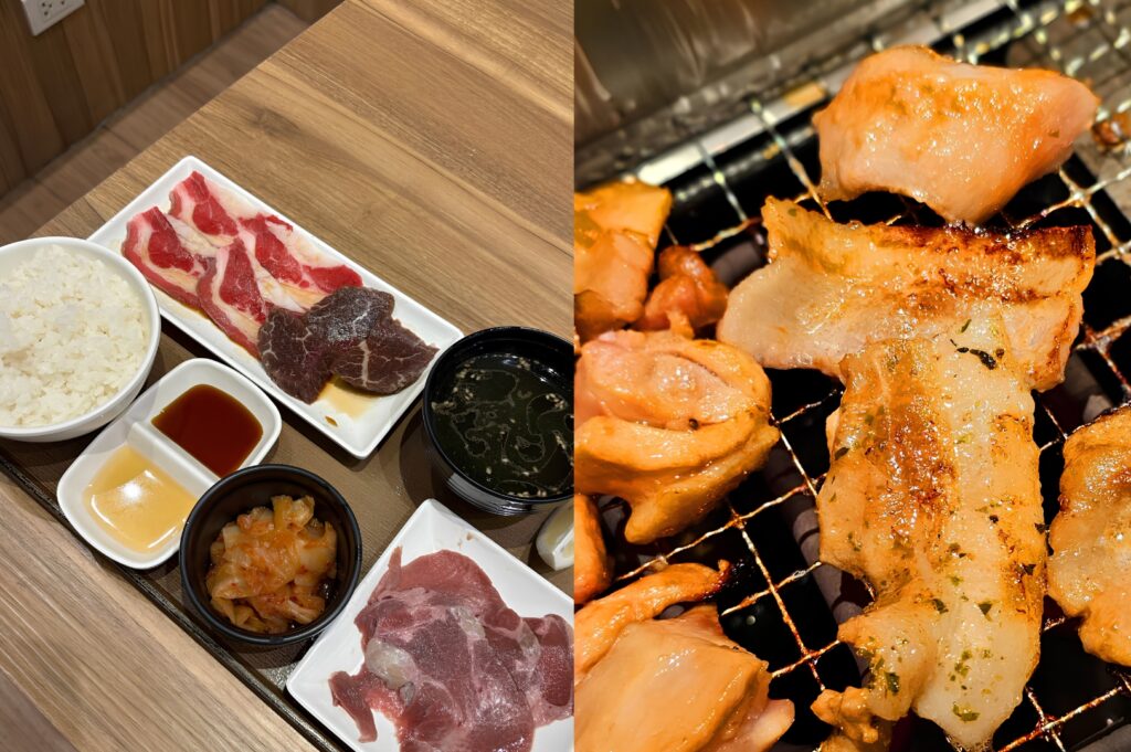 Korean BBQ meats grilling over charcoal with rice, kimchi, dipping sauces, and side dishes at 313 Somerset food spots in Singapore