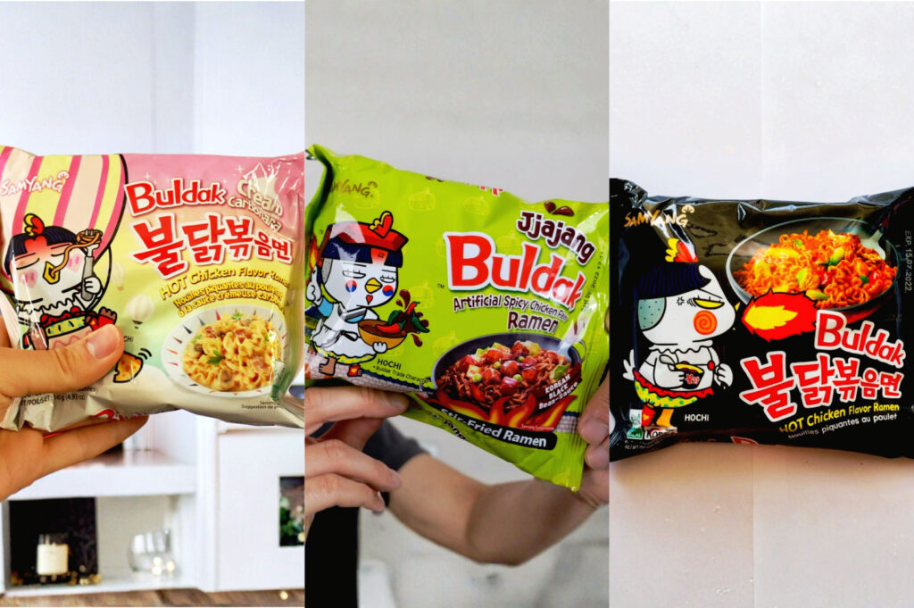 Popular Samyang Buldak ramen flavours including carbonara, jjajang, and original Korean spicy instant noodles being held for comparison