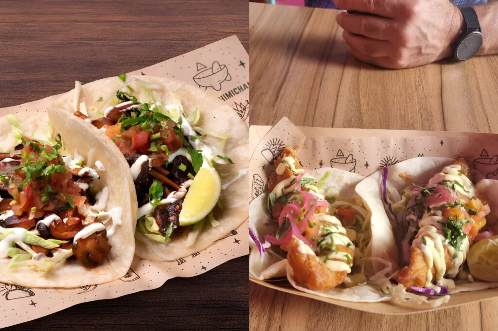 Street-style tacos with grilled meat, fresh salsa, pickled vegetables, and creamy sauce served at a food spot in 313 Somerset Singapore