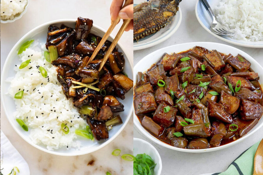 Chinese braised eggplant recipe served over white rice with soy garlic sauce, sesame seeds, and spring onions in a comforting Asian home-style meal