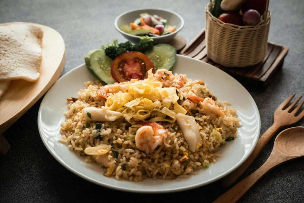 The image features a plate of seafood fried rice garnished with shrimp, squid, and shredded egg. Accompanying the main dish are fresh cucumber and tomato slices, a side of pickled vegetables, and crispy crackers on a wooden board.