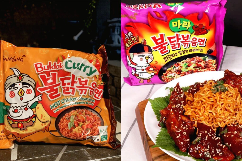 Samyang Buldak Curry and Mala spicy Korean ramen flavours served with glazed Korean chicken wings and spicy noodles