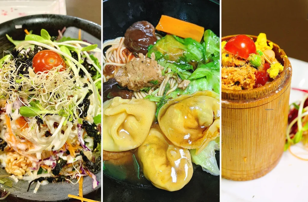 Healthy vegetarian dishes including salad, dumplings and grain bowl at New Green Pasture Cafe