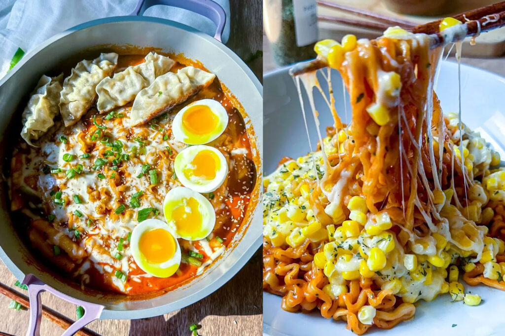 Creamy Samyang Buldak noodles with dumplings, soft-boiled eggs, melted cheese, and spicy Korean ramen sauce in a skillet