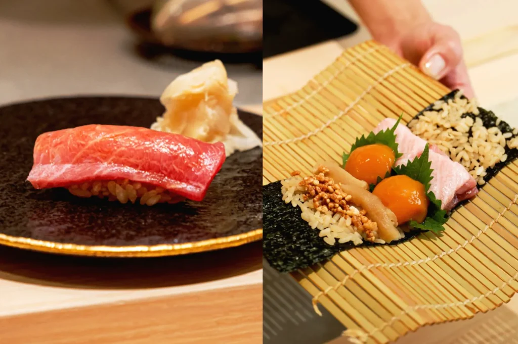 Premium otoro nigiri and hand roll ingredients served during an omakase experience in Singapore