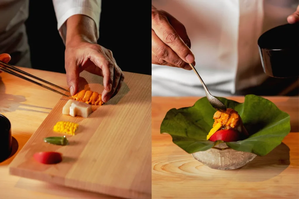 Chef plating premium uni course during an omakase experience in Singapore using seasonal ingredients and artistic presentation