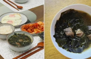 Traditional Korean seaweed soup (miyeok-guk) served with rice, kimchi, and eggs for a Korean birthday breakfast tradition.