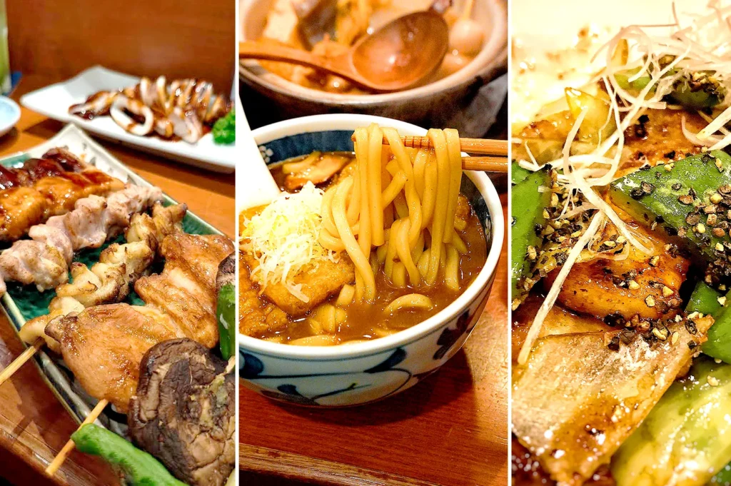 Japanese grilled skewers, thick udon noodles, and stir-fried vegetables served at Keria Japanese Restaurant Singapore.