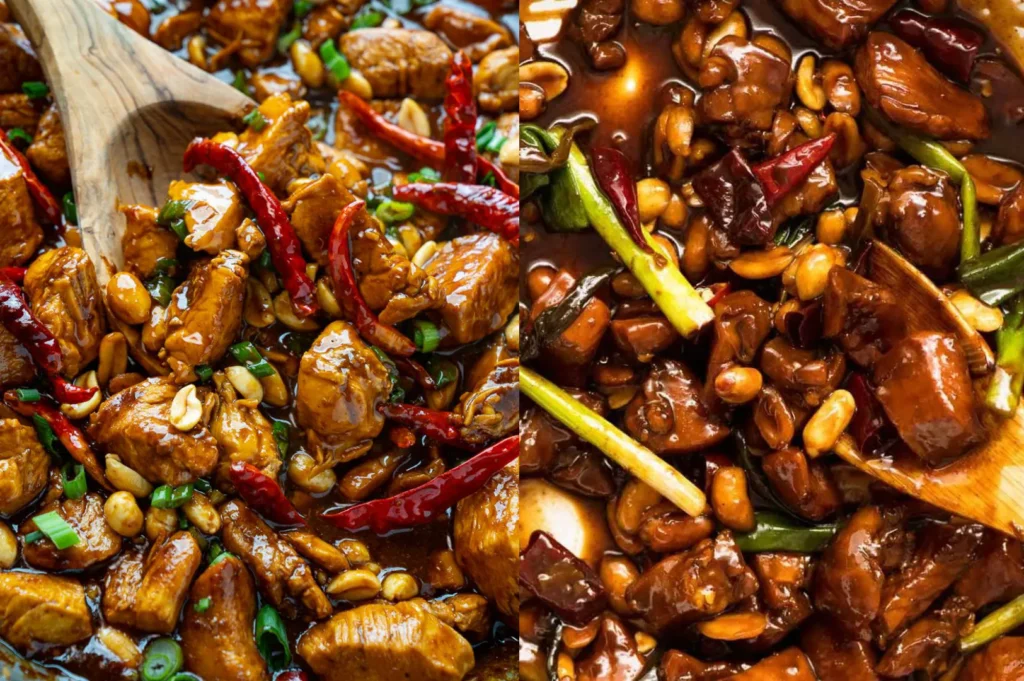 Authentic Kung Pao chicken featuring tender chicken pieces, roasted peanuts, dried chilies, and savory Sichuan-style sauce.