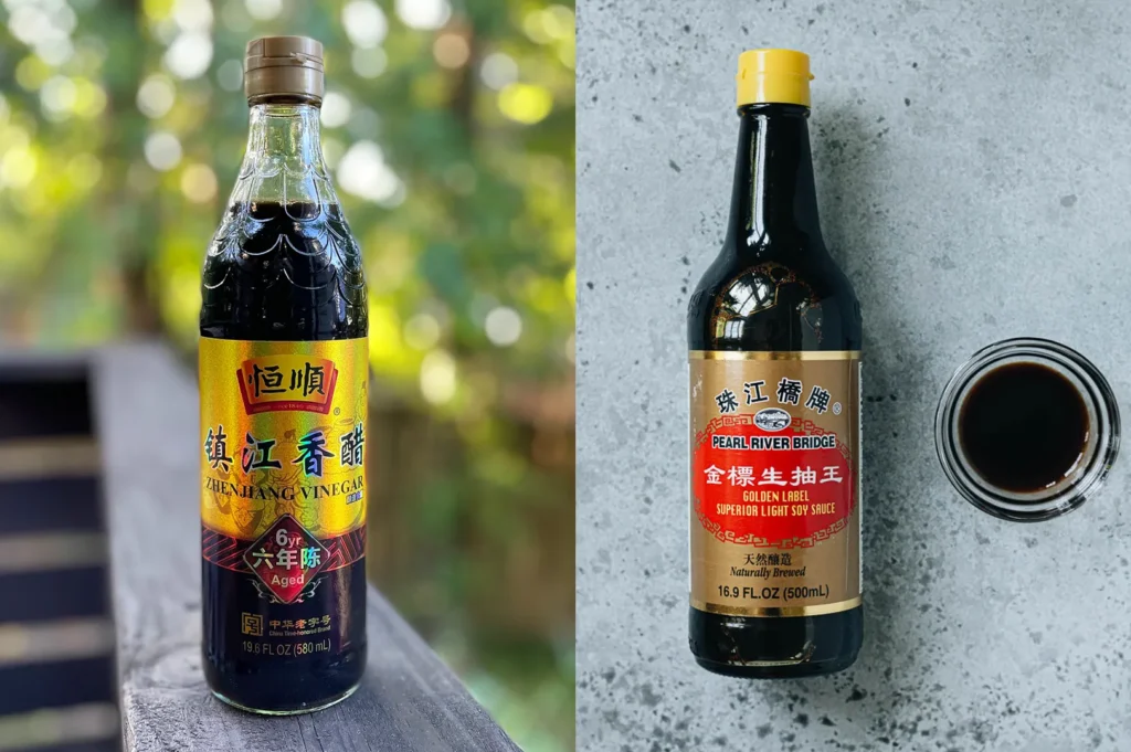 Chinese black vinegar and light soy sauce, essential ingredients for authentic Kung Pao chicken sauce.