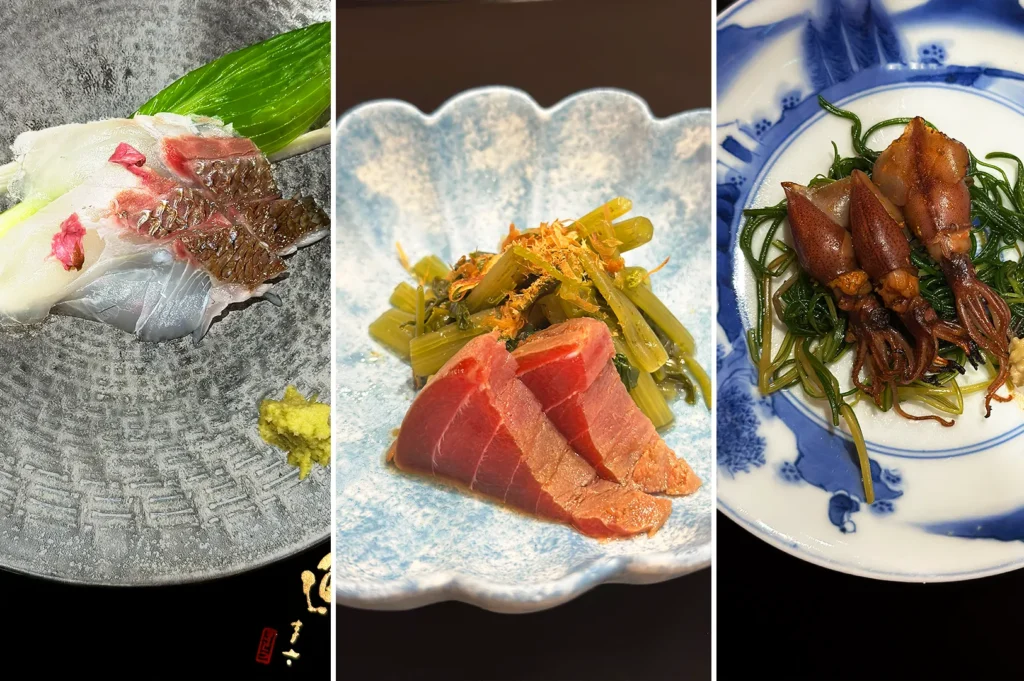 Premium omakase dishes at Sushi Masa by Ki-setsu Singapore featuring fresh sashimi, seasonal vegetables, and grilled baby squid.