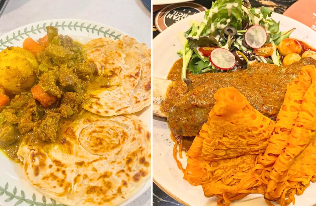 Traditional Malaysian curry served with flaky roti prata and rich lamb shank curry at a popular Singapore dining destination.