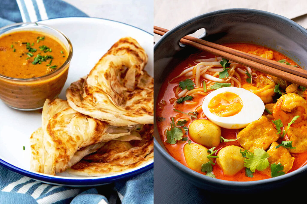 Malaysian roti canai with curry dip alongside a bowl of spicy curry laksa noodle soup.