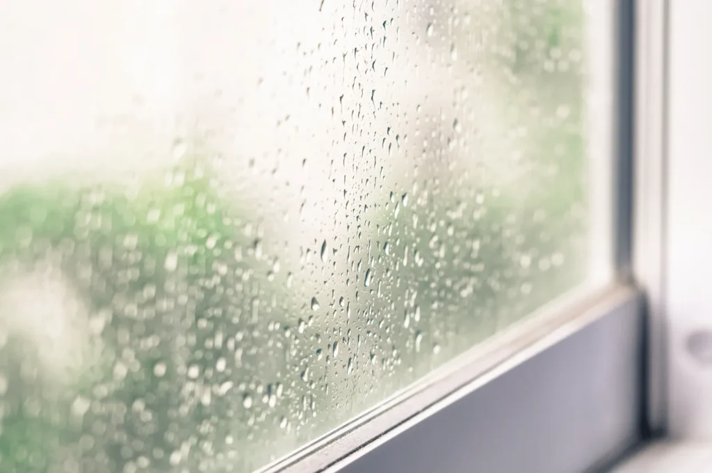 Raindrops on window glass during a rainy day creating a cozy atmosphere for comfort food and curry dining
