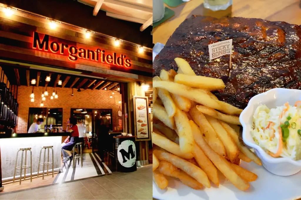 Morganfield's restaurant at Suntec City serving barbecue ribs with fries and coleslaw.