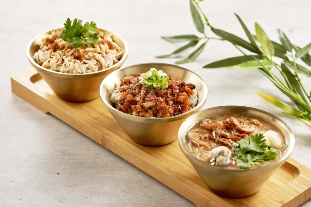 Signature Taiwanese rice bowls and braised pork dishes at Eat 3 Bowls Singapore with traditional comfort food flavours