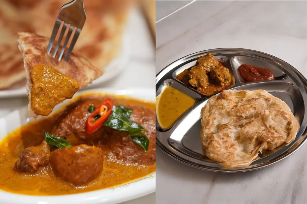 Roti canai served with Malaysian curry and a traditional curry set at PappaRich.