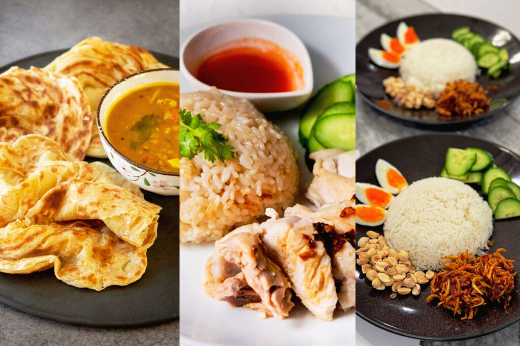 Traditional Malaysian favorites featuring roti canai, Hainanese chicken rice, and nasi lemak.