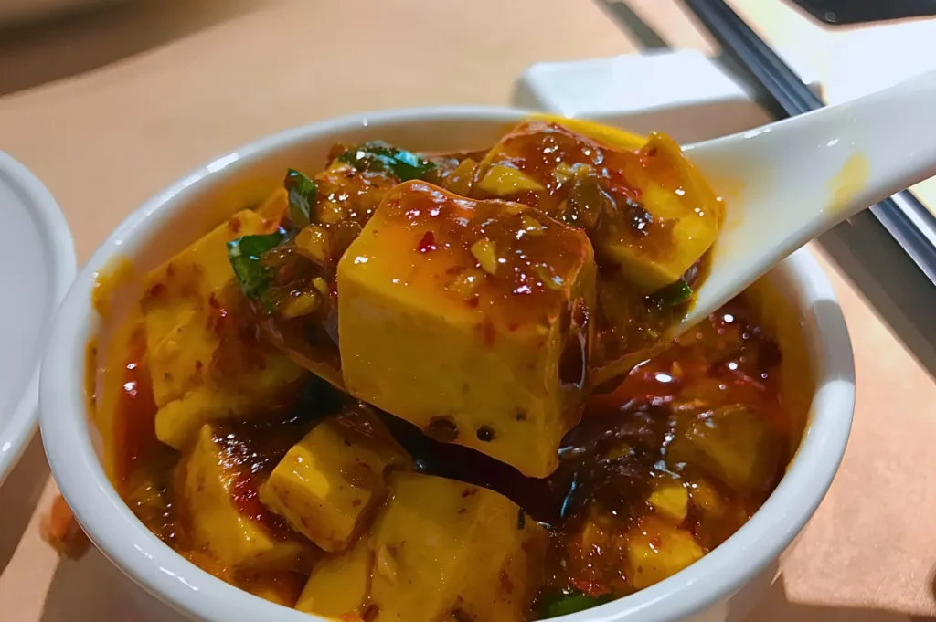 Traditional Mapo tofu in rich chili bean sauce served at Shu Yan Sichuan Cuisine