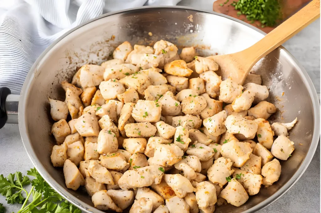 Pan-seared chicken breast cubes prepared for homemade Kung Pao chicken and Chinese stir-fry recipes.