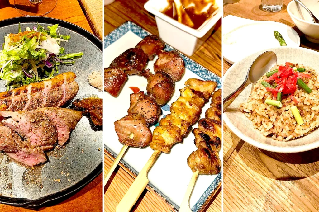 Japanese grilled dishes at Kazu Sumiyaki Restaurant Singapore including steak, yakitori skewers, and Japanese garlic fried rice.