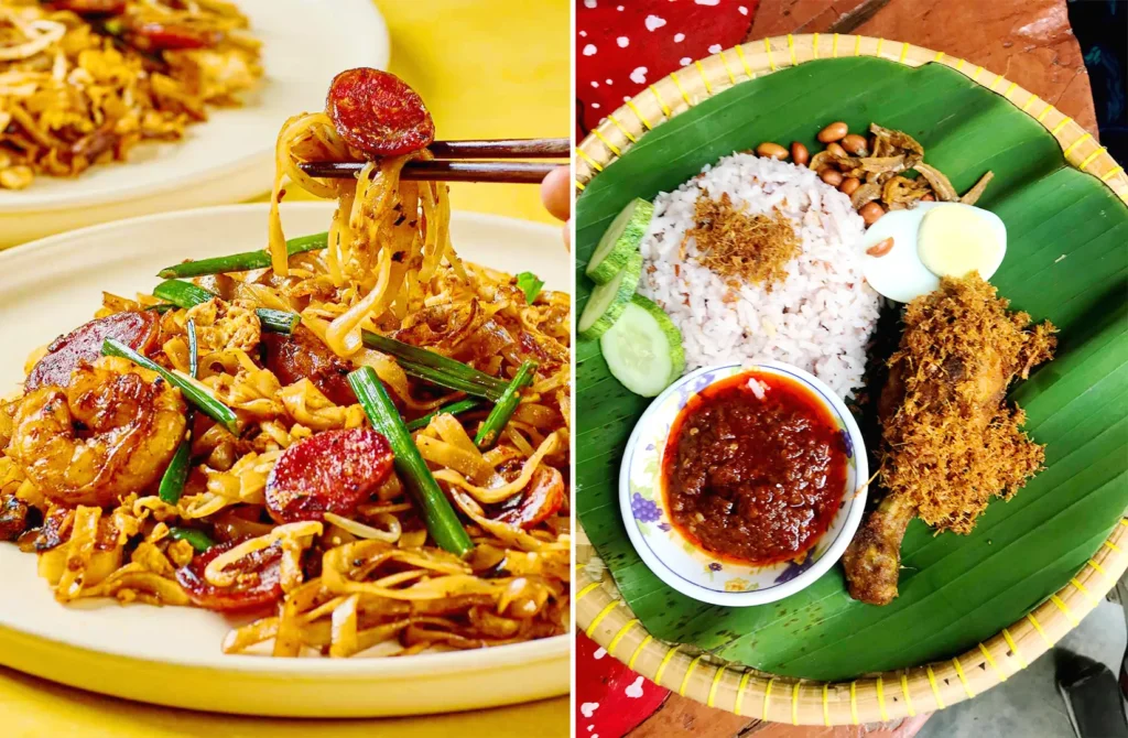 Classic Malaysian char kway teow and nasi lemak served on banana leaf with sambal and crispy fried chicken.