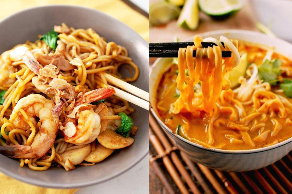 Malaysian noodle dishes including char kway teow stir-fried noodles and curry laksa soup.