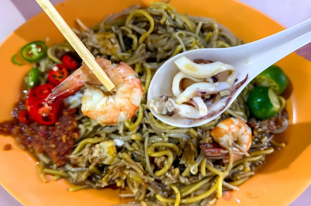 Singapore Hokkien mee with prawns, squid, sambal chilli and calamansi served at ABC Brickworks Food Centre