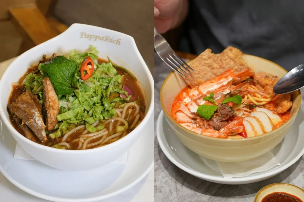 PappaRich Malaysian noodle dishes including asam laksa and spicy curry laksa with seafood.