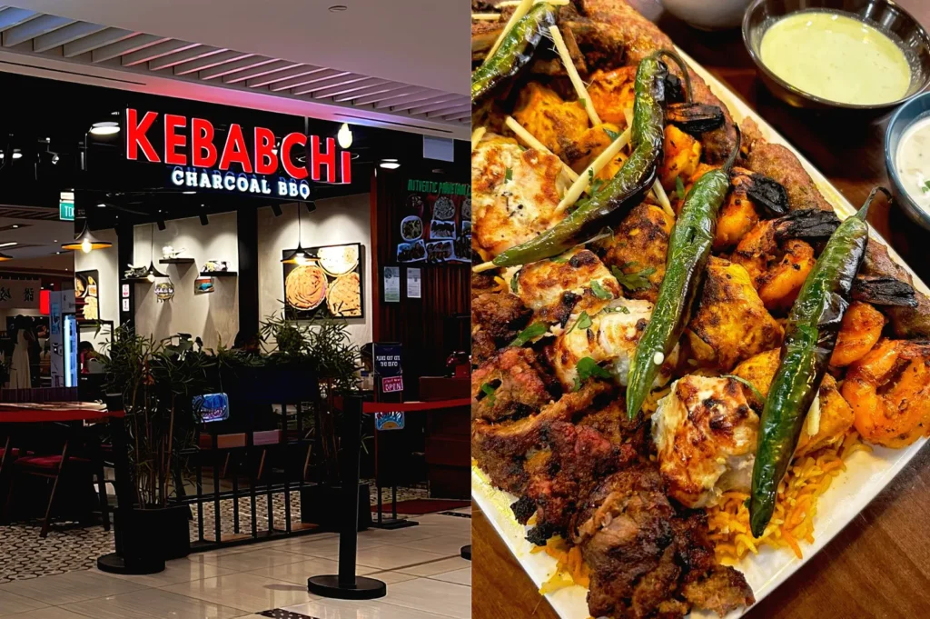Kebabchi Charcoal BBQ at Suntec City serving grilled kebabs, rice, and mixed barbecue platters.