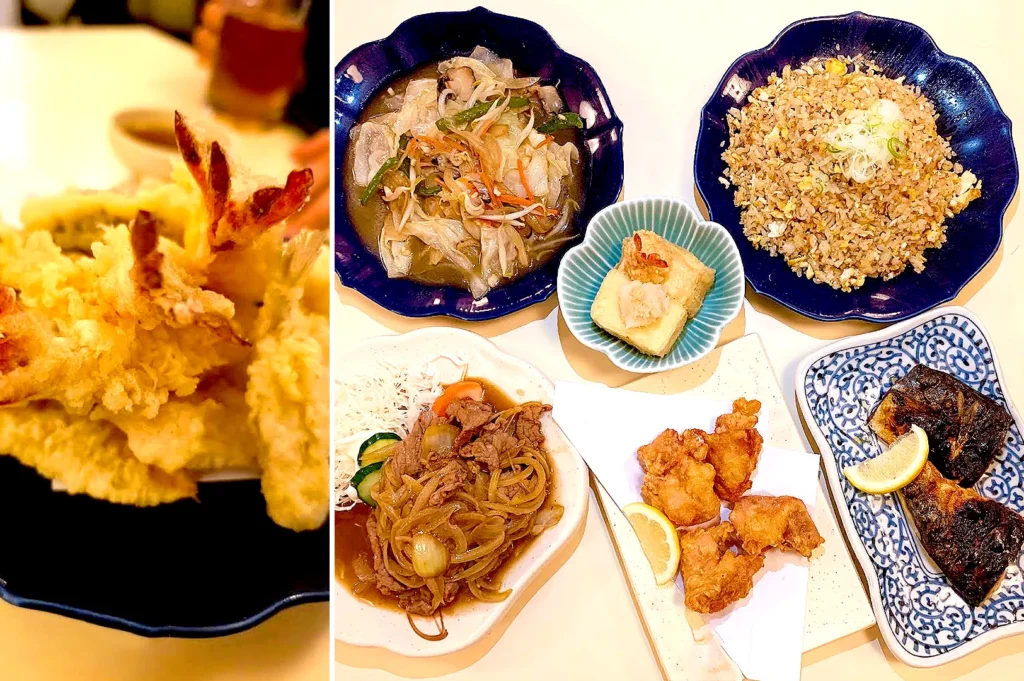 Japanese comfort food at Izakaya Nijumaru Singapore featuring tempura, fried rice, karaage, grilled fish, and stir-fried beef.